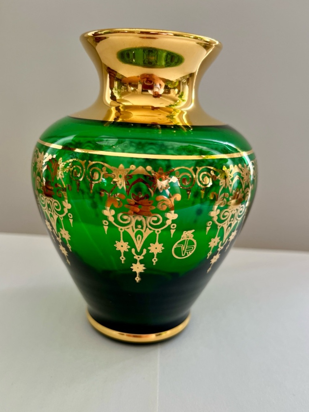 Vecchia Murano Chandelier Pattern "VR" Mark Emerald Green Art Glass Vase 4.75"